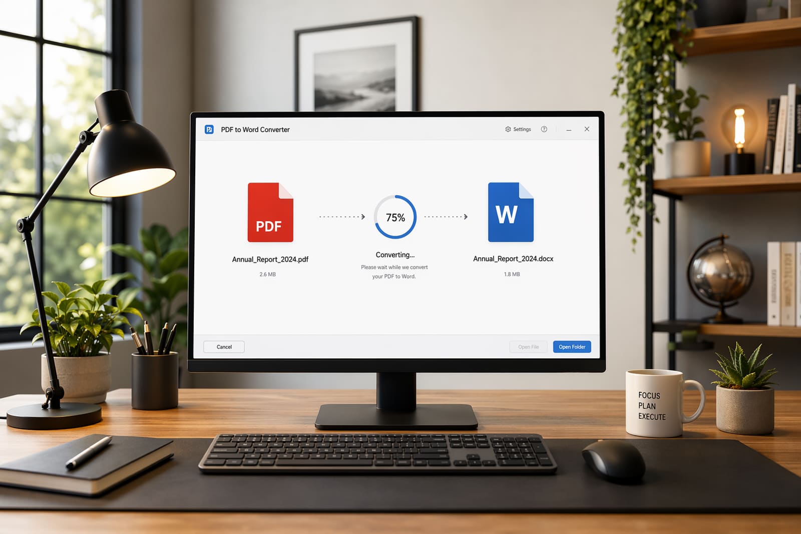 A desktop computer screen showing a PDF to Word converter app transforming a PDF file named Annual_Report_2024.pdf into an editable Annual_Report_2024.docx Word document