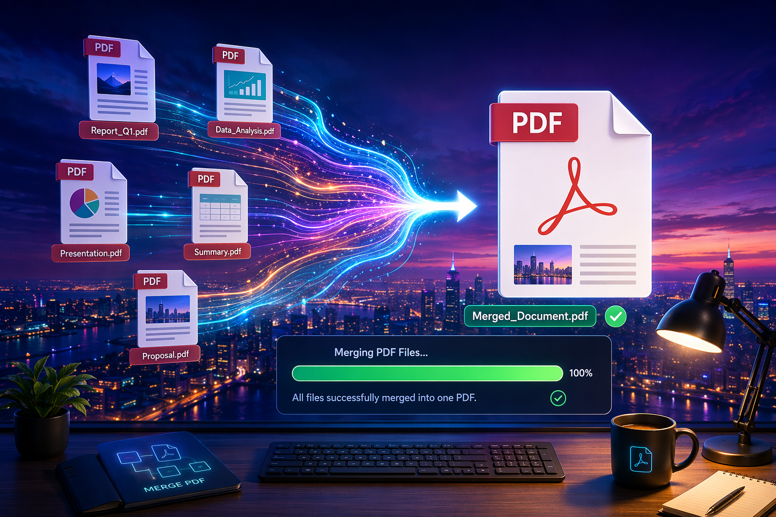 Multiple PDF files being merged into one combined PDF document, showing the merge process with a progress bar